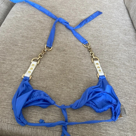 Beach bunny bronze leather and gold chain triangle top bikini size large blue - Picture 5 of 15